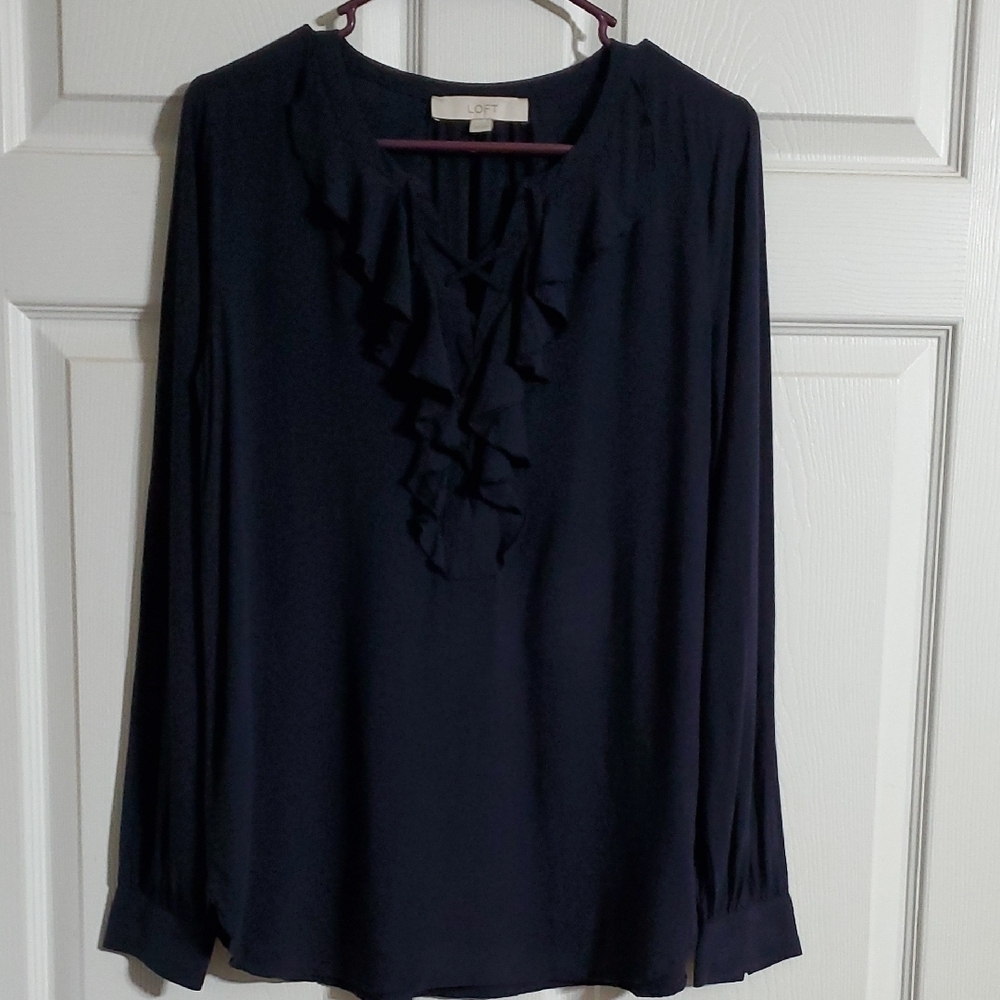LOFT Women's Navy Laced Ruffle Neck Long Sleeve Top Size XS